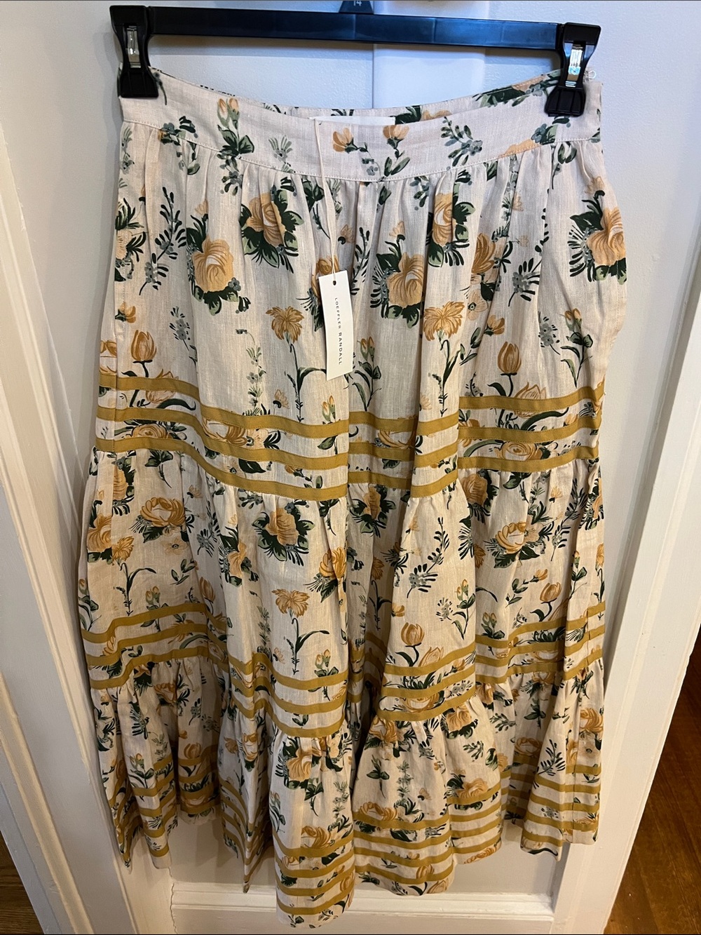 Loeffler Randall Cream Maxi Skirt with Yellow Floral Stripes